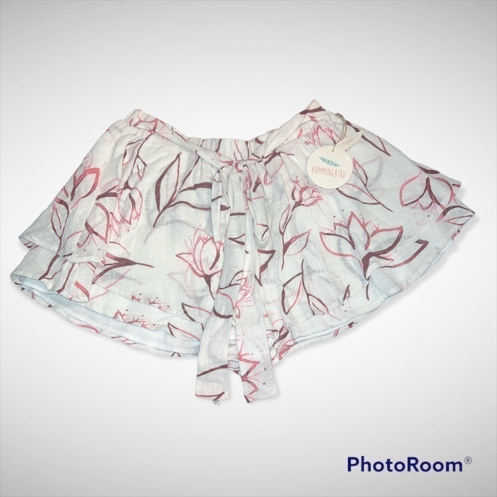 Hummingbird Floral Ruffle Shorts White Pink Cotton‎ Gauze Tie Waist Medium NEW
